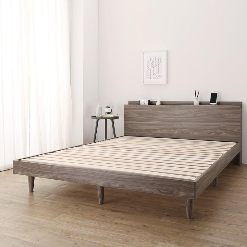 ダブルベッド 脚・マットレス・棚・コンセント2個付 脚付きベッド