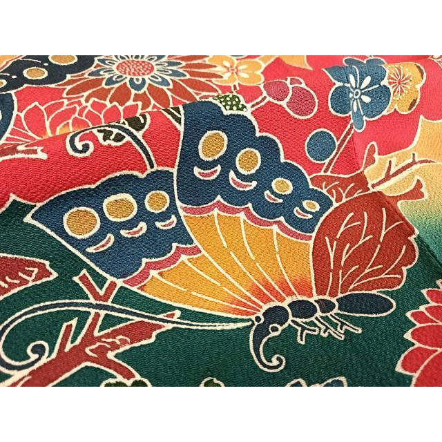 平和屋着物○豪華振袖・長襦袢セット 紅型 舞蝶草花文 鬼しぼ縮緬 正絹  