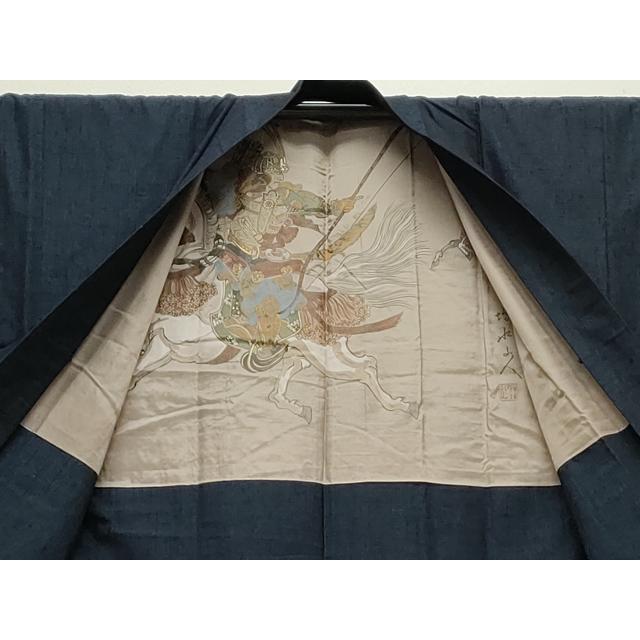 平和屋着物○男性 本場大島紬 アンサンブル 色無地 濃藍色 正絹 逸品  