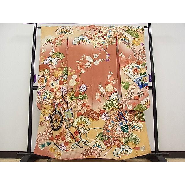 平和屋本店□極上 アンティーク 大正ロマン 振袖 駒刺繍 御所車枝花文  