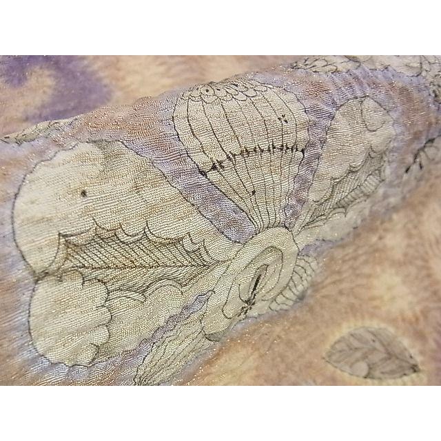 袋帯 蝶々に芝柄 花模様 金糸 椎鈍色 O-4059
