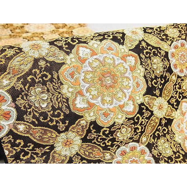 平和屋本店□極上 西陣 河合美術織物謹製 六通柄袋帯 花菱文 黒地 金  