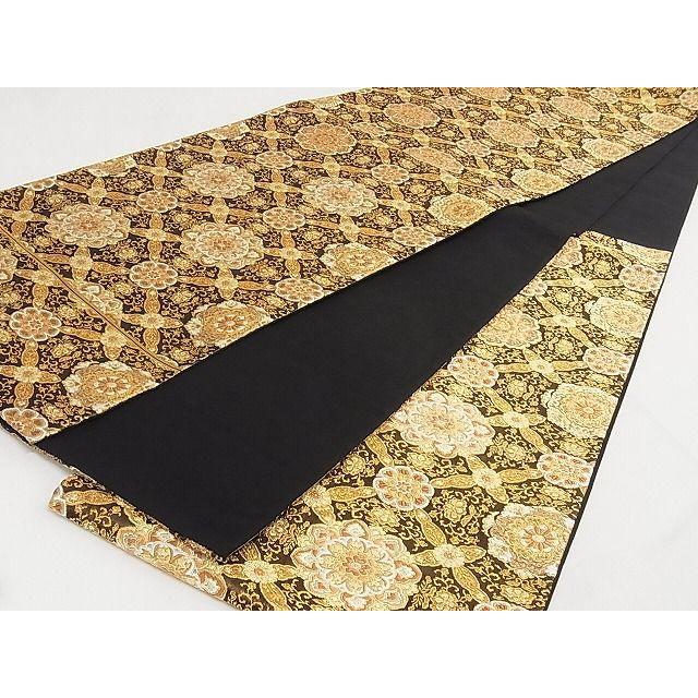 平和屋本店□極上 西陣 河合美術織物謹製 六通柄袋帯 花菱文 黒地 金  