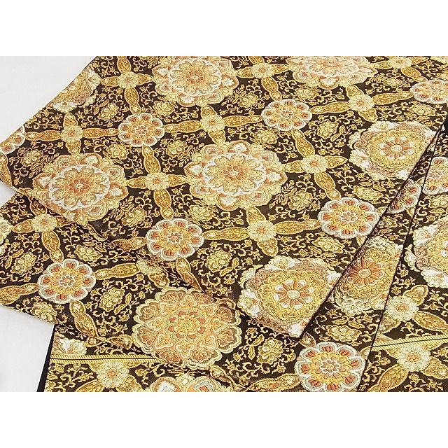 平和屋本店□極上 西陣 河合美術織物謹製 六通柄袋帯 花菱文 黒地 金  