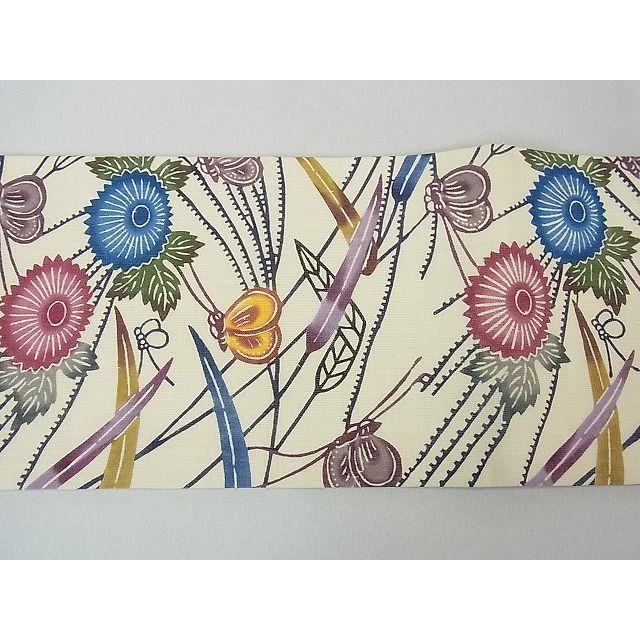 平和屋本店□最高級 夏物 城間栄順 本場琉球紅型 つけ帯 菊 芒 夏虫 麻  