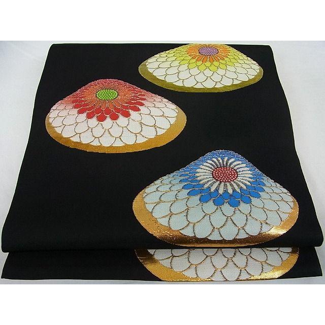 平和屋本店□極上 龍村平蔵製 追粉菊錦 本袋帯 黒地 金糸 逸品s3088  