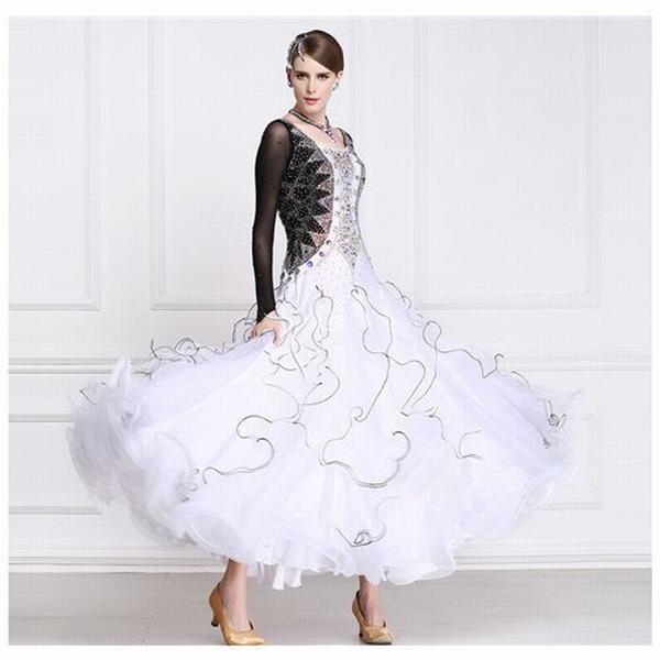 上質で快適 競技着 社交ダンスドレス スタンダードドレス 社交ダンスワンピース ワルツ ダンスドレス大裾 軽やかに歩く 白 黒切り替え 人気ブランド Zoetalentsolutions Com