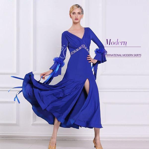 柔らかい 社交ダンス ワンピース 競技会 モダンドレス 長袖 インターナショナルダンス ネイビー ワルツ ダンス服 最適な材料 Zoetalentsolutions Com