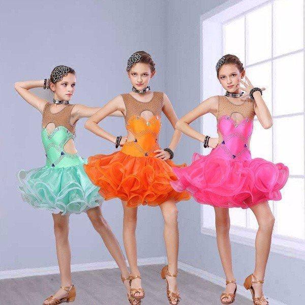 柔らかい ワルツ衣装 キッズ用ダンス インターナショナルダンス キッズ 社交ダンス ワンピース ラテンダンス衣装 ダンスウェア レッド グリーン オレンジ色 安いそれに目立つ Technet 21 Org