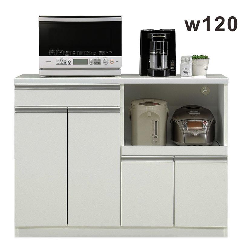 完成品・国産】レンジ台 120 キッチンカウンター 食器棚 白 光沢 収納