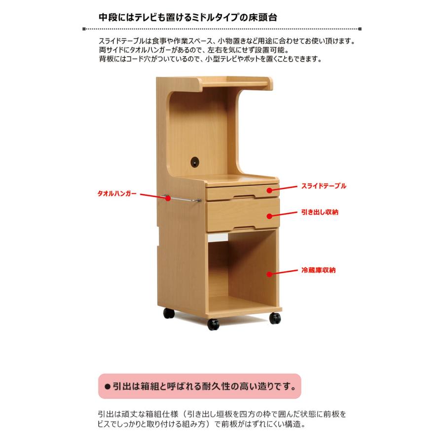 木製 床頭台 幅50cm ミドルタイプ 引き出し 床頭台用冷蔵庫 キャスター