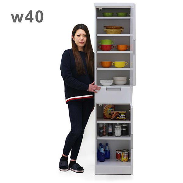 【25 26日 ポイント10倍】隙間収納 幅40cm 完成品 スリム食器棚 収納棚 キッチン収納 白 ホワイト 板扉 引き出し