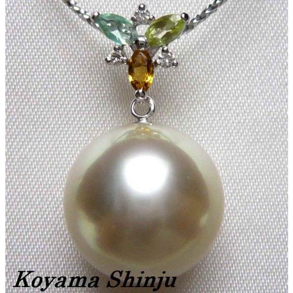ps03絶品カラー！12.8mm白蝶真珠／ダイヤ0.03Ct/半輝石パールペンダントトップ