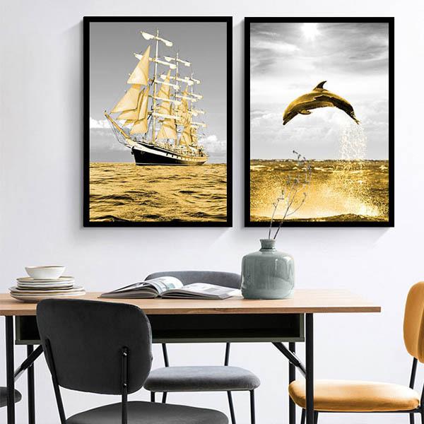 3枚セット 33×43cm アートパネル 枠付きフレーム絵画 金色の海 イルカ