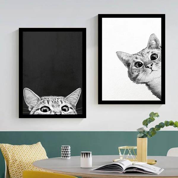 2枚セット 33×43cm アートパネル 枠付き フレーム絵画 のぞき見ネコ 猫 モノクロ イラスト  壁掛け アートポスター インテリア絵画 ウォールデコ｜peachy｜02