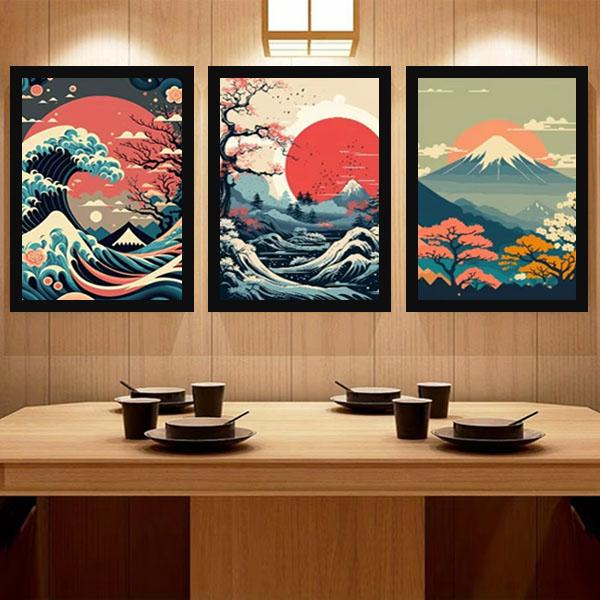 3枚セット 33×43cm アートパネル 枠付きフレーム絵画 和風 富士山 白波
