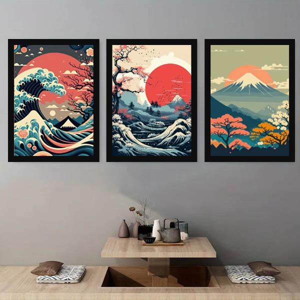 油彩画 富士山 絵画 額縁付き インテリア 壁掛け 43cm x 60cm 3枚セット 33×43cm アートパネル 枠付きフレーム絵画 和風 富士山 白波