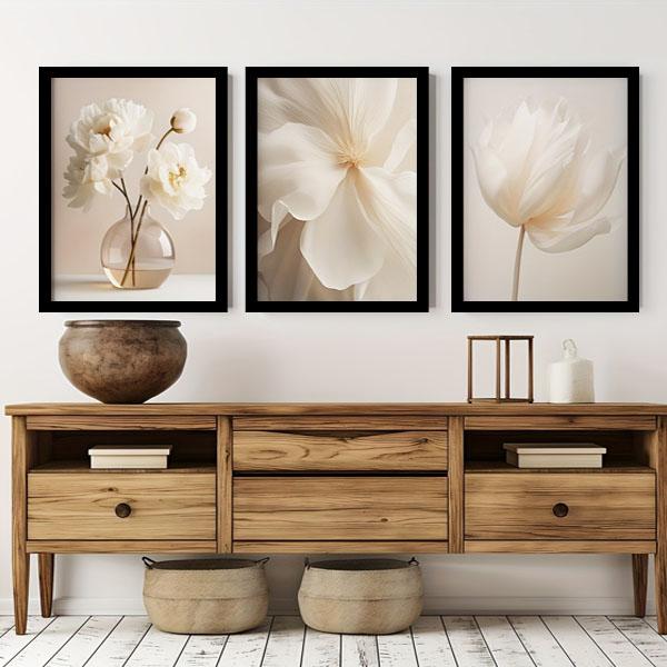 3枚セット 33×43cm アートパネル 枠付きフレーム絵画 白い花 ホワイト