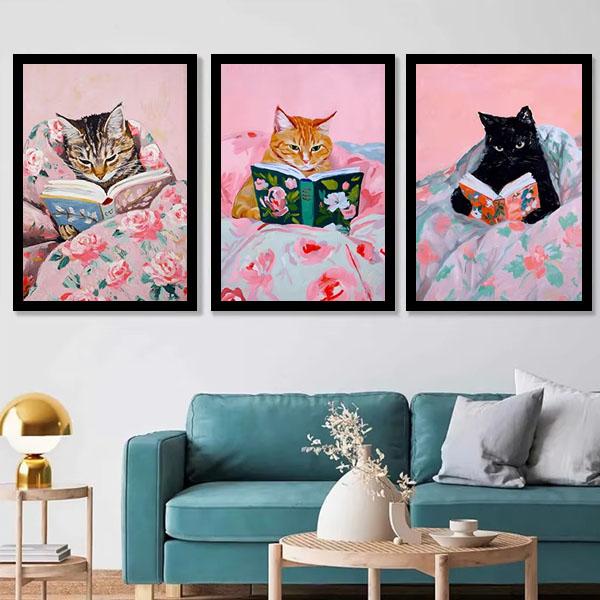 単品 額入り アートポスター 33×43cm 枠付きフレーム絵画 本を読む猫 ネコ レトロポップ アートポスター 壁掛け インテリア絵画 ウォールデコ | 
