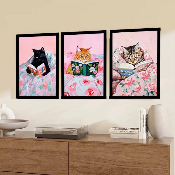 単品 額入り アートポスター 33×43cm 枠付きフレーム絵画 本を読む猫