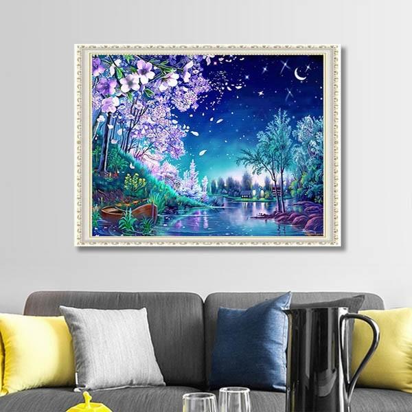 中級 フル ダイヤモンドアート キット ビーズ刺繍 森の夜景 湖 夜桜