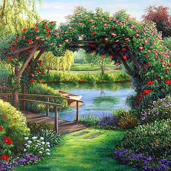 初級 フル ダイヤモンドアート キット ビーズ刺繍 ガーデンアーチ 池