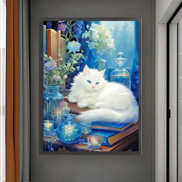 中級 フル ダイヤモンドアート キット ビーズ刺繍 青い目 白猫