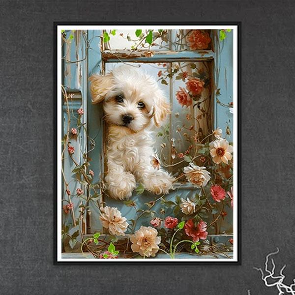 中級 フル ダイヤモンドアート キット ビーズ刺繍 窓 白い犬