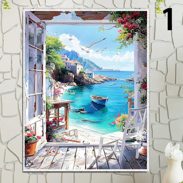 中級 フル ダイヤモンドアート キット ビーズ刺繍 窓から見える風景 海