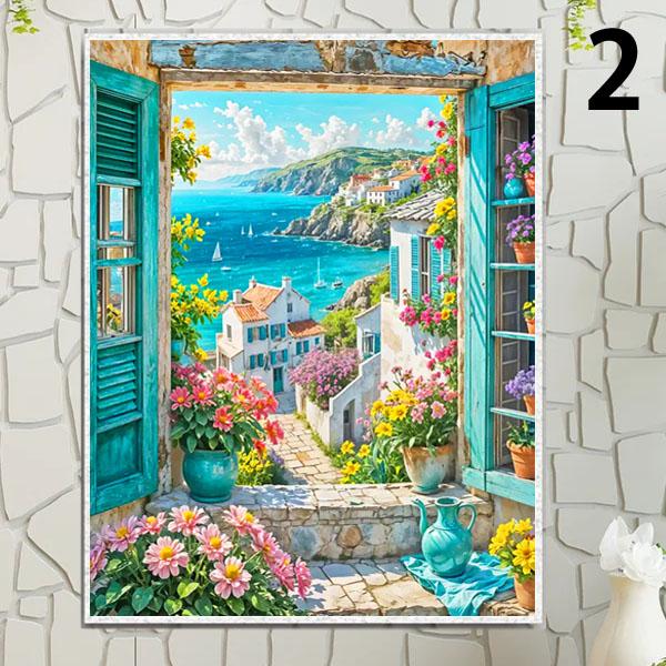 ビーズ刺繍　風景画 中級 フル ダイヤモンドアート キット ビーズ刺繍 窓から見える風景 海