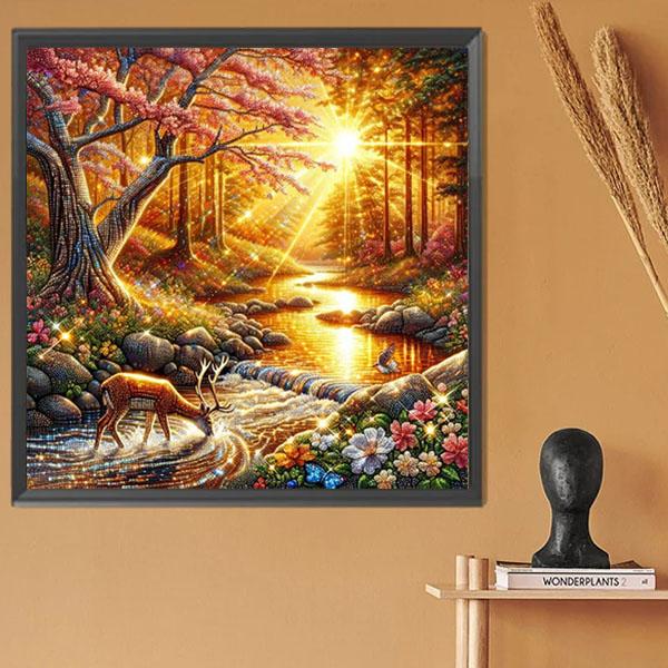 準上級 フル ダイヤモンドアート キット ビーズ刺繍 水辺の鹿 秋の森