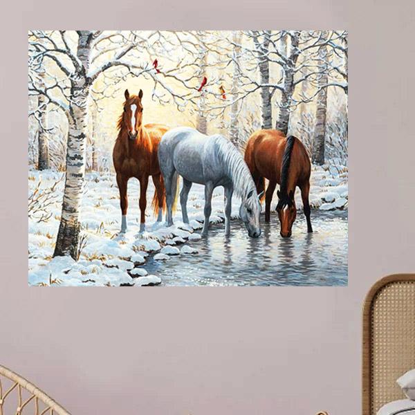 準上級 フル ダイヤモンドアート キット ビーズ刺繍 冬景色 3匹の馬 午