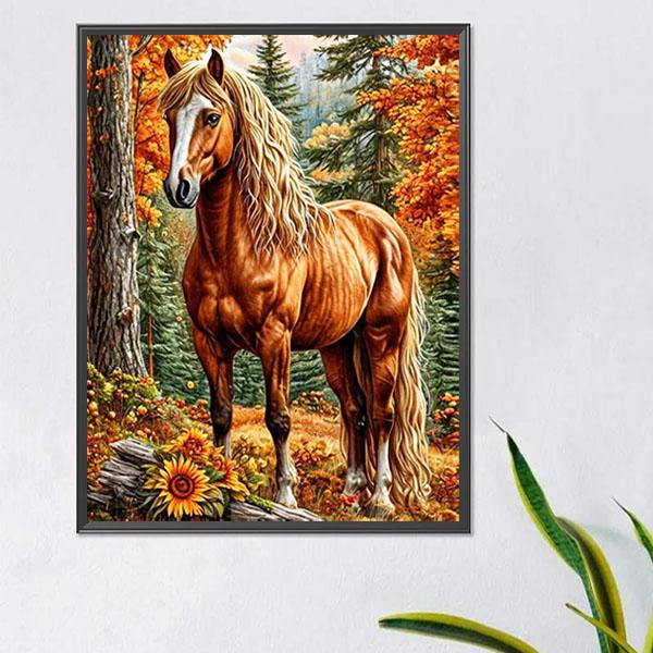 中級 フル ダイヤモンドアート キット ビーズ刺繍 秋の森 たたずむ 馬