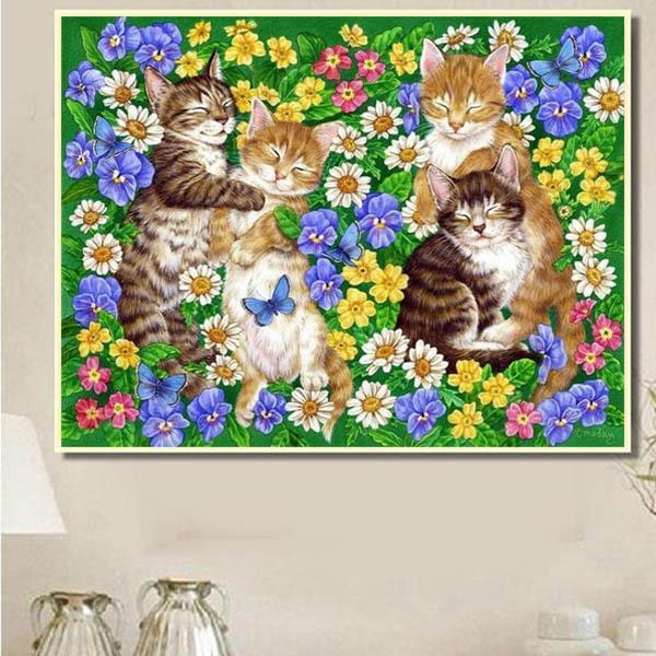 中級 フル ダイヤモンドアート キット ビーズ刺繍 猫 花畑 昼寝