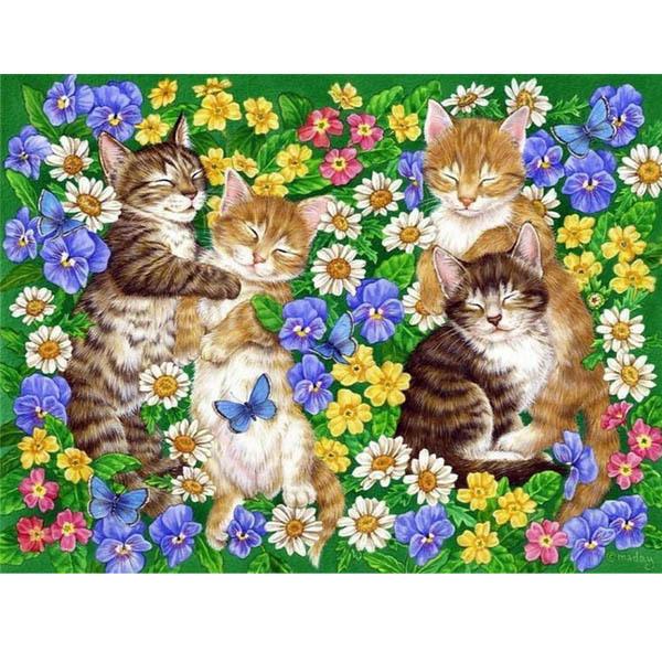 中級 フル ダイヤモンドアート キット ビーズ刺繍 猫 花畑 昼寝