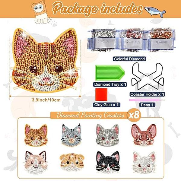 ウッドコースター 制作キット ダイヤモンドアート 8枚 ネコ 猫 三毛猫