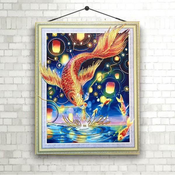 ダイヤモンドアート 鯉と蓮 額縁付き 大型サイズ フル ダイヤモンド