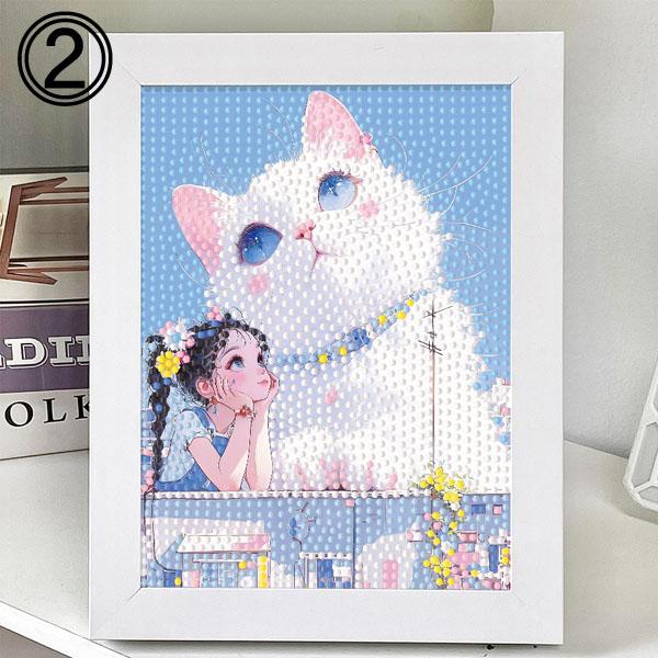 木製フレーム付き ダイヤモンドアート 刺繍キット 白猫 女の子 アニメ