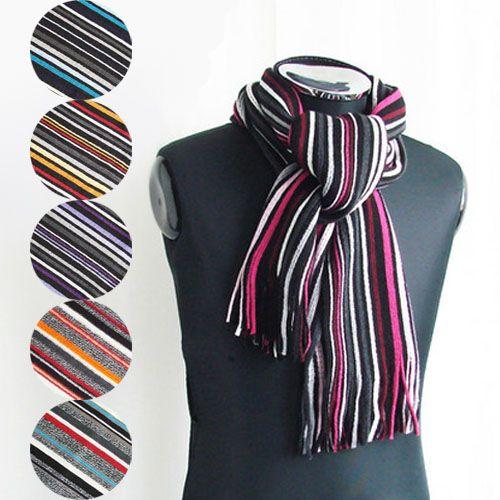 メンズ レディース マフラー ラッセル ツイスト杢 ストライプ 縦ボーダー アクリルマフラー フリンジデザイン 防寒 長い ストール (全6色) | 