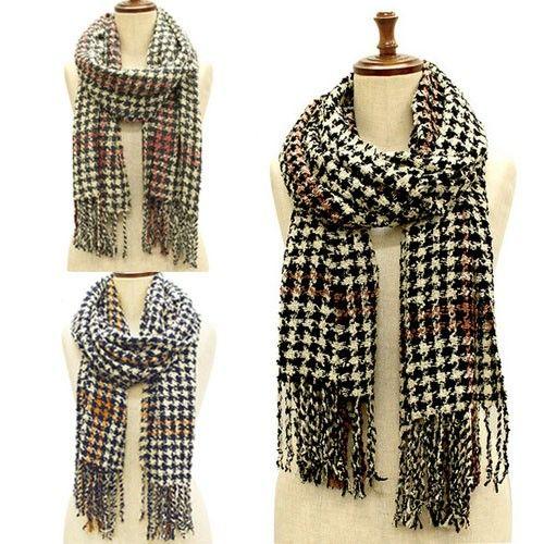 レディース ニットマフラー 千鳥プリント フレーム ロングサイズ 羽織り あったか (全3色) | 