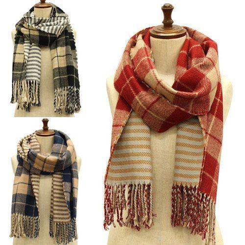 レディース ニットマフラー リバーシブル チェック柄 ボーダー ストール タータン ロングサイズ 羽織り あったか (全3色) | 