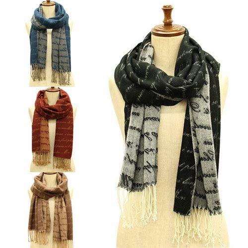 レディース ニットマフラー 英字ロゴ ジャガードストール ロングサイズ 羽織り あったか フリンジ(全4色) | 