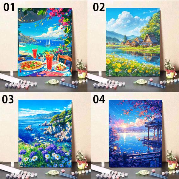 数字塗り絵 ぬりえ 油絵風 田園風景 田舎 アニメーション 山 湖 花畑