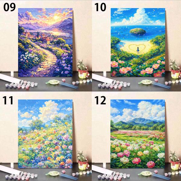 数字塗り絵 ぬりえ 油絵風 田園風景 田舎 アニメーション 山 湖
