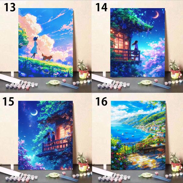 数字塗り絵 ぬりえ 油絵風 田園風景 田舎 アニメーション 山 湖 花畑