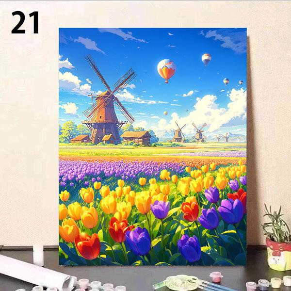 数字塗り絵 ぬりえ 油絵風 田園風景 田舎 アニメーション 山 湖 花畑