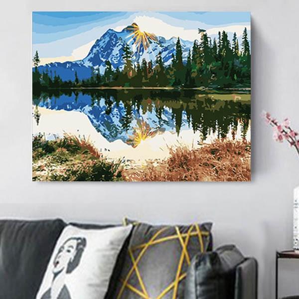セール品 数字塗り絵 油絵風 アルプスの森 水面に映る風景 朝日 フレーム絵画 インテリア 風景 Diy ナンバーピクチャー 趣味 ホビー ぬり絵