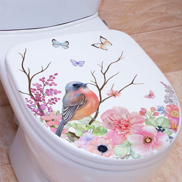 トイレ用 便器のふた 小鳥 コトリ 花畑 水彩画タッチ メルヘン
