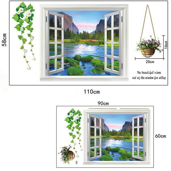 ウォールステッカー窓 湖のほとり 大自然 山 川辺 白い花 だまし絵