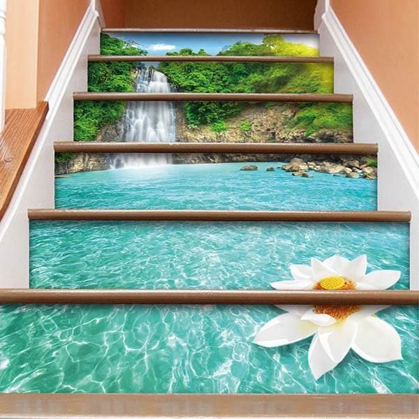 3d 階段ステッカー トリックアート 滝 南国 蓮 6ピース リゾート ウォールステッカー バリ風 インテリア